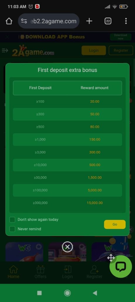 2A Game first deposit bonus